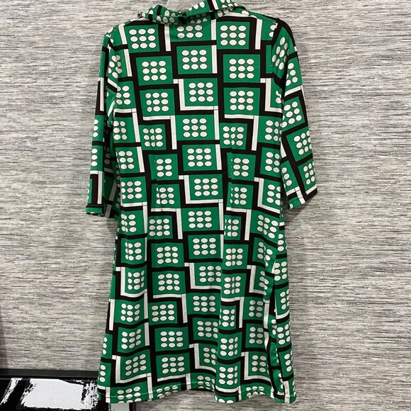 Vintage Vertigo Paris Green Geometric Polka Dot Shirt Dress W/ Pockets & 3/4 Sle - Picture 4 of 6
